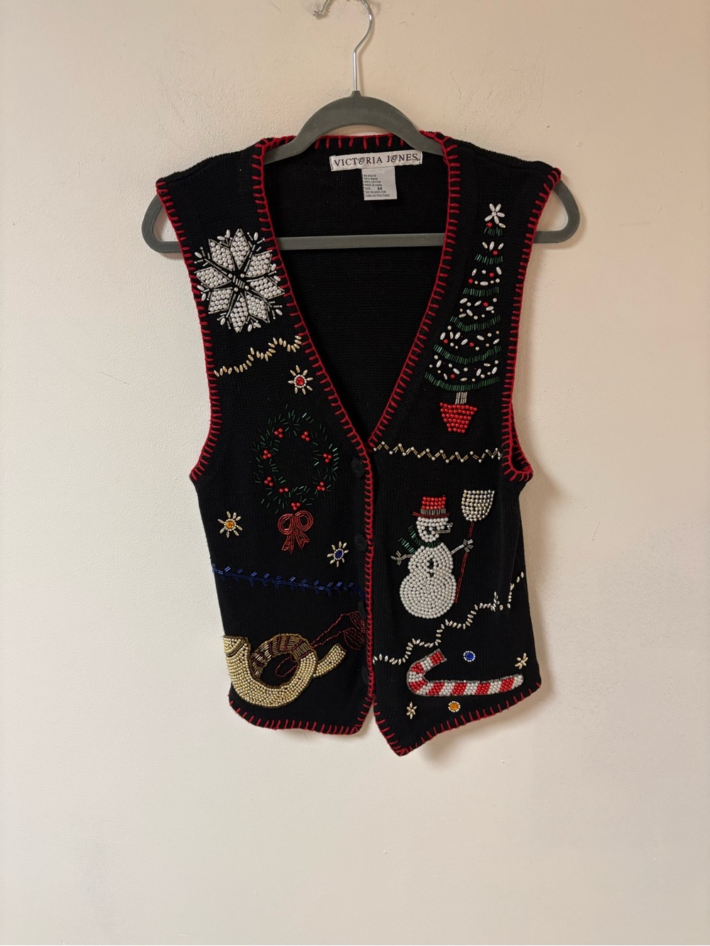 Vintage Victoria Jones Black Beaded Embellished Holiday Sweater Vest Medium